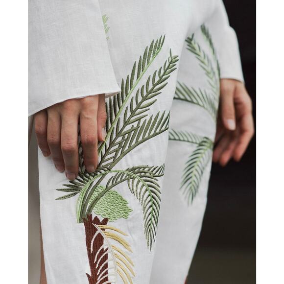 Juan de Dios Lisa Linen Midi Dress Embroidered Palm White Medium Caftan Cover-Up - Picture 2 of 13